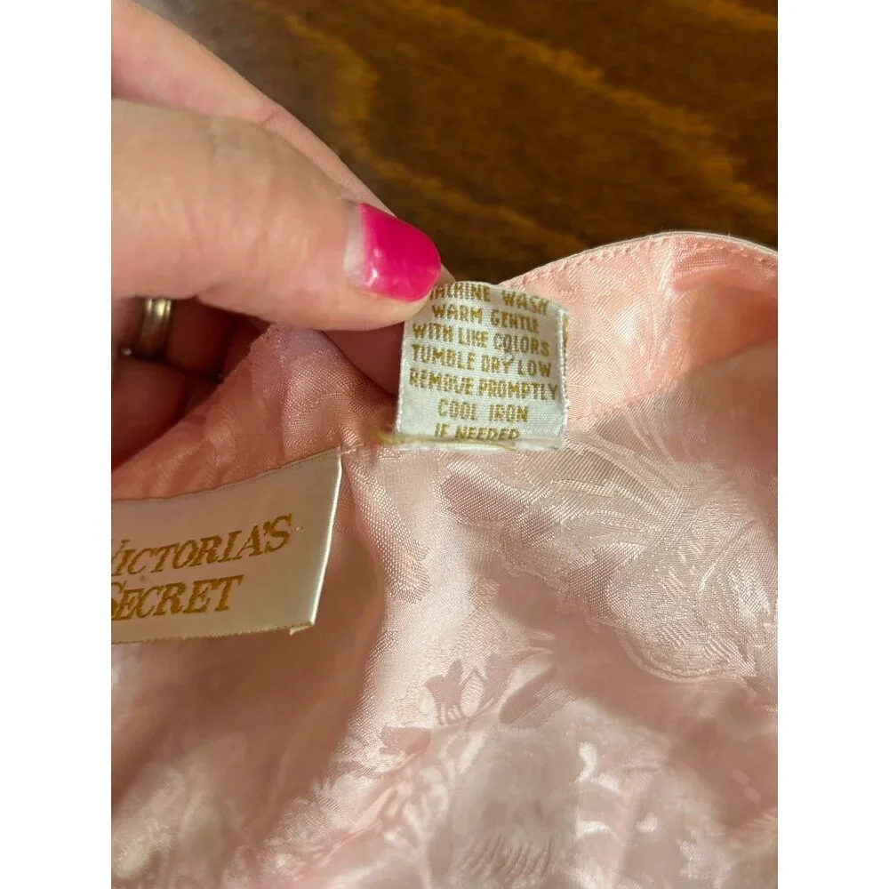 Victoria's Secret Satin Pajama Set M Pink Peach Gold Label Floral‎ Lace DEFECT